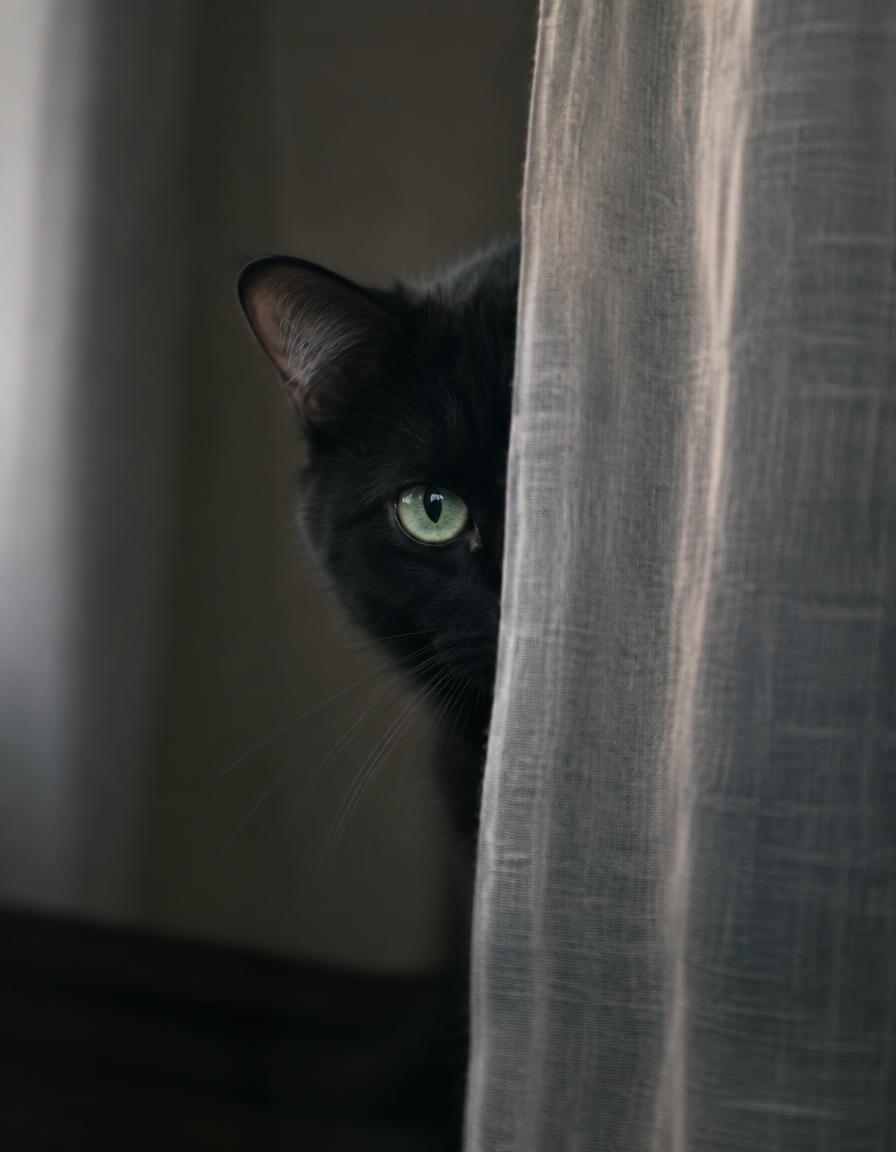Black cat peeking from behind a curtain