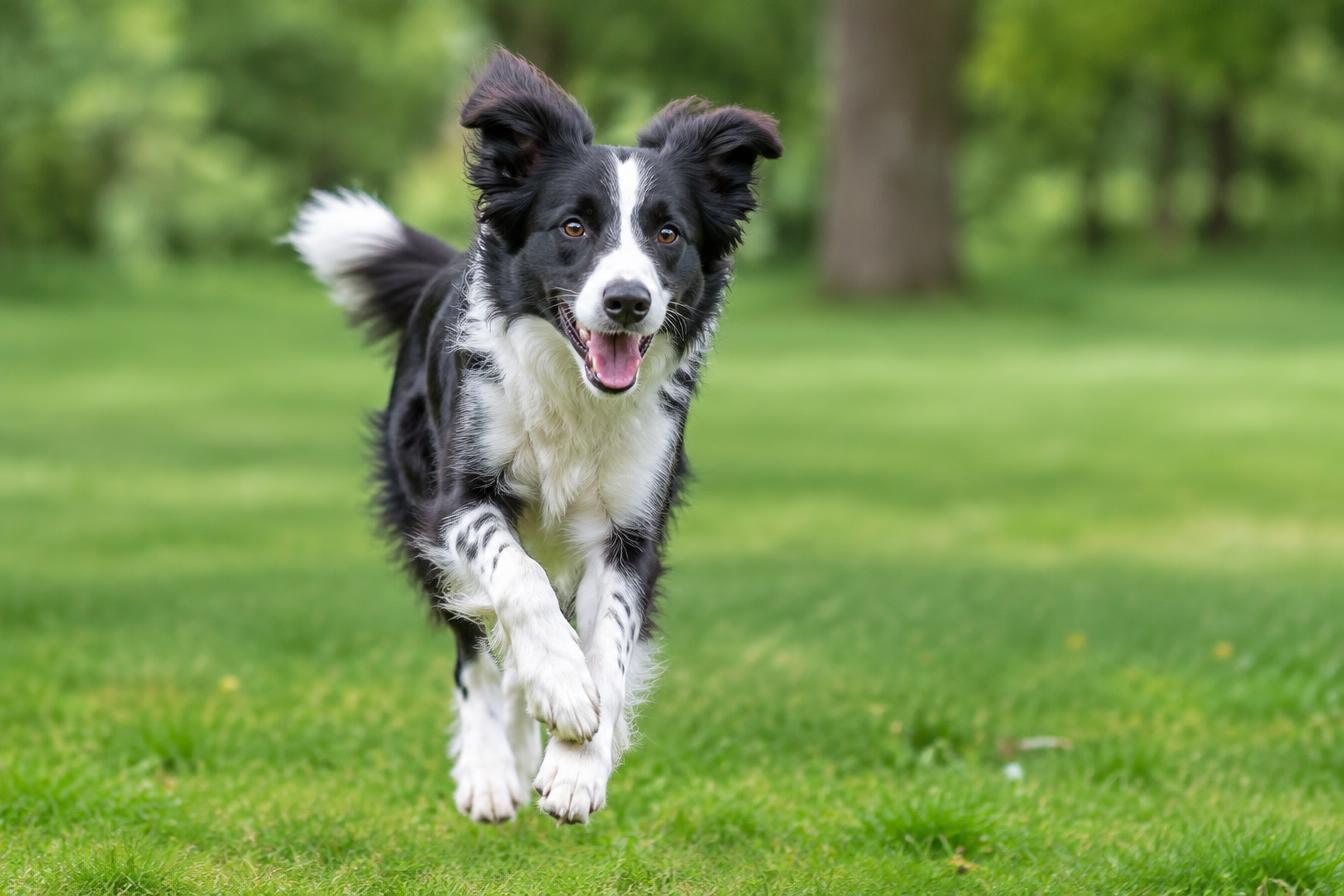 Border collie running happily across a park