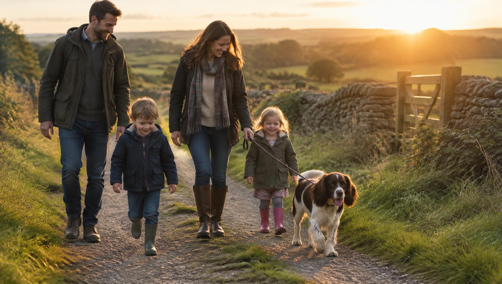 Family walking their spaniel on a country lane at sunset