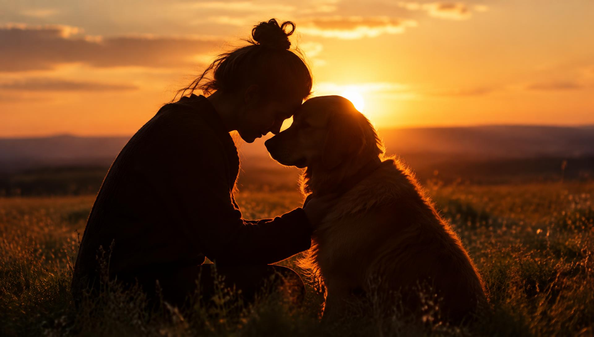 Woman touching foreheads with her golden retriever at sunset