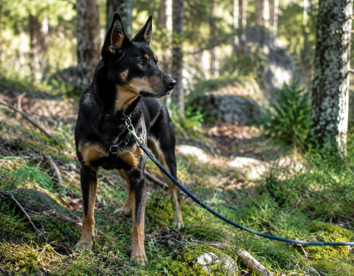 Kelpie on a long line looking across a forest clearing