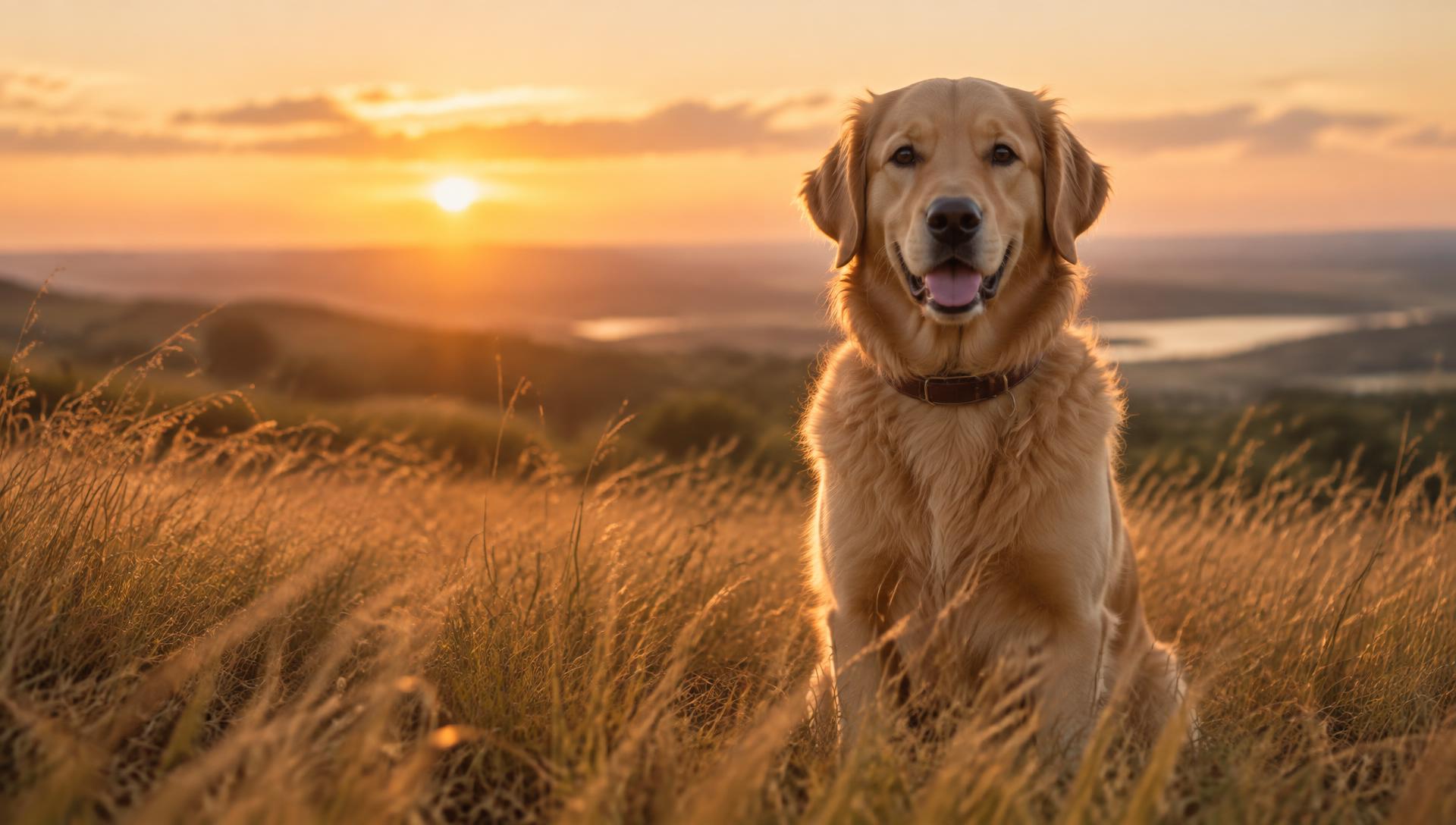 Golden retriever sitting in tall golden grass at sunset, looking toward the camera