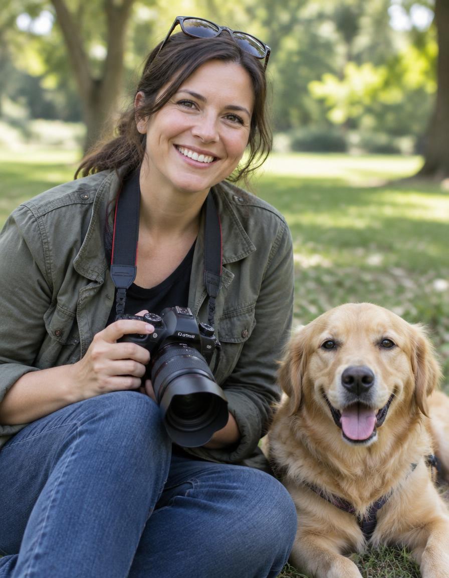Hannah Ellis, photographer, sitting in a park with a golden retriever