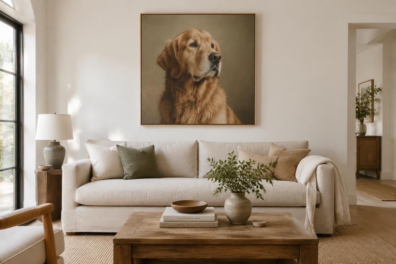 Framed golden retriever portrait hanging above a linen sofa in a bright living room